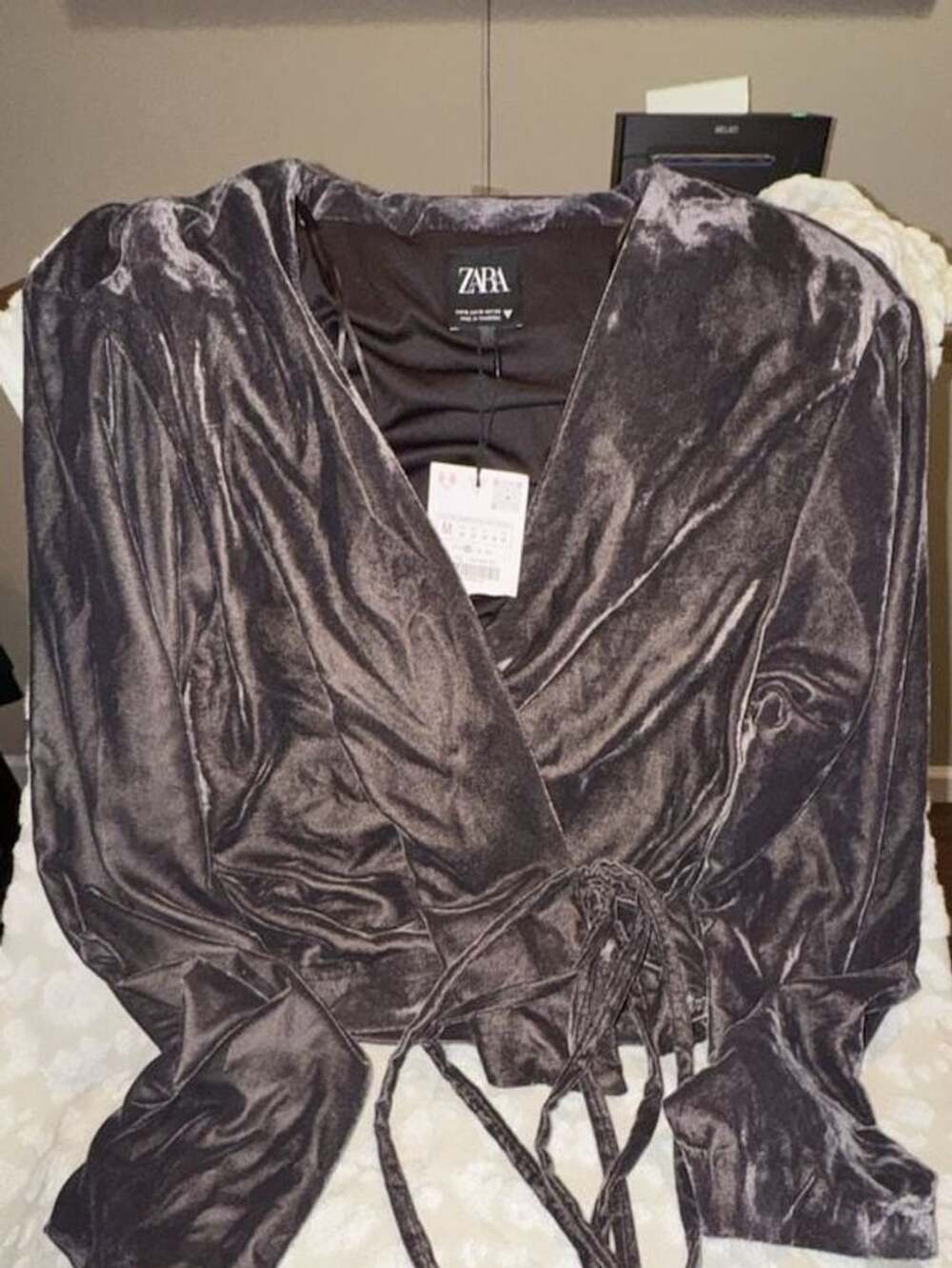 Zara Velvet Wrap Tie Long Sleeve Crop Top Grey Size M